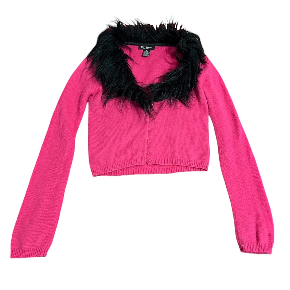 Betsey Johnson Pink Black Angora Rabbit Hair Cropped Cardigan Sweater M vintage